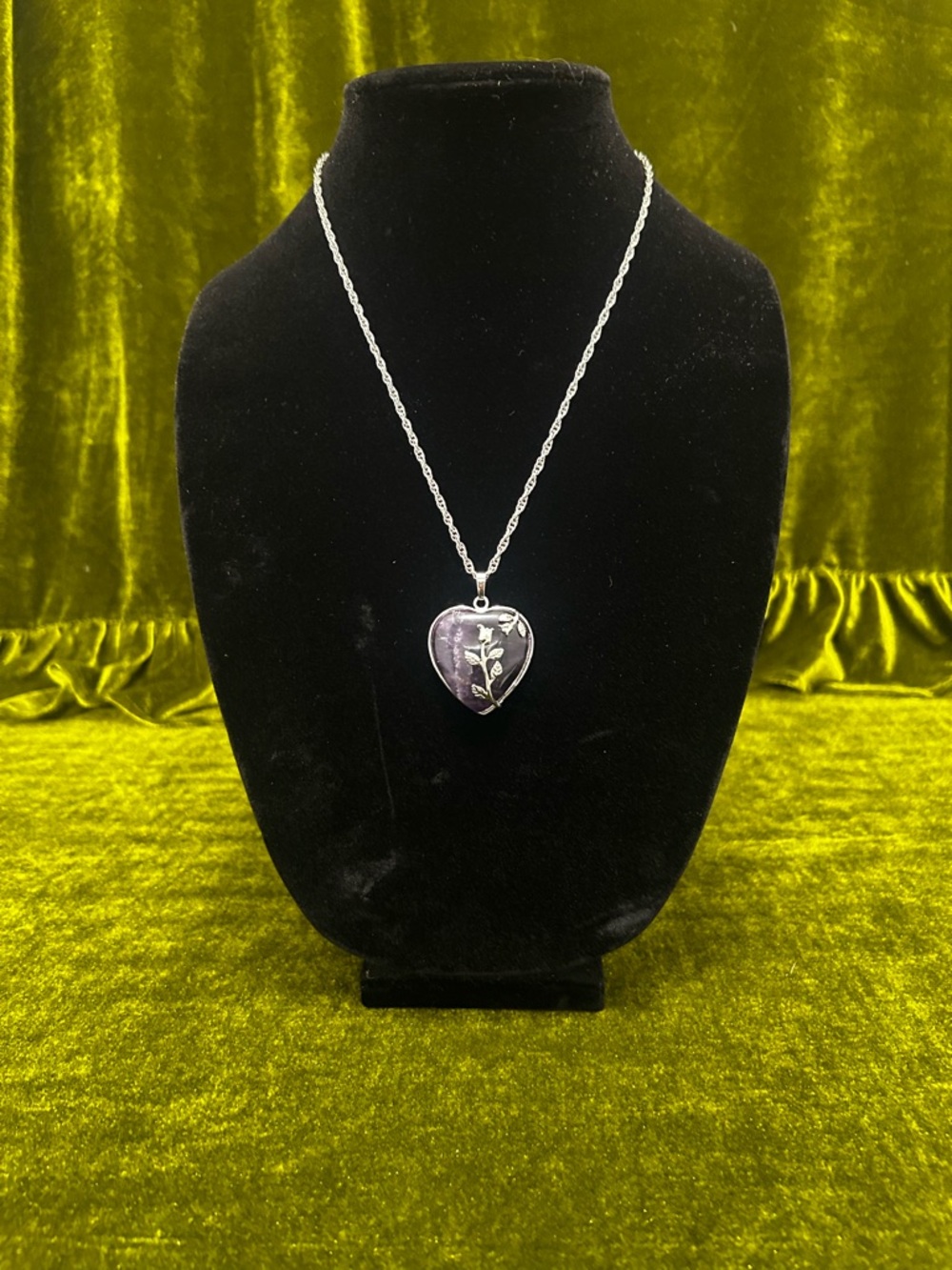 Heart Shaped Necklace with Purple Inlay and Floral Motif